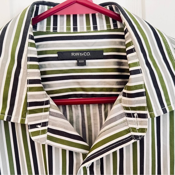 Medium RW&Co Button down Shirt. Olive Green with light and dark grey stripe - Picture 3 of 4